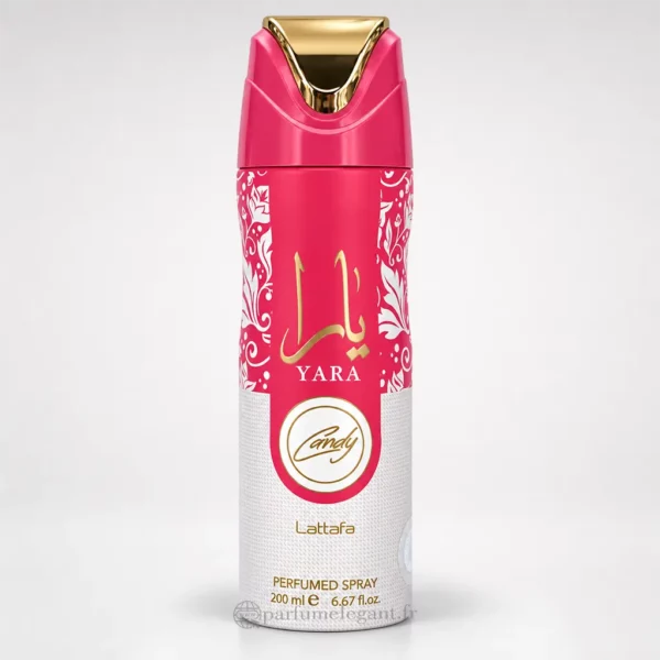 Parfum Élégant – Parfums Dubaï & Orientaux | Dupes Luxe à Prix Abordables en Boutique & en Ligne 11 Spray parfumé Yara Candy Lattafa Perfumed Spray 200 ml, aérosol rose vif et blanc avec bouchon rose et doré, motifs floraux blancs et logo Candy.